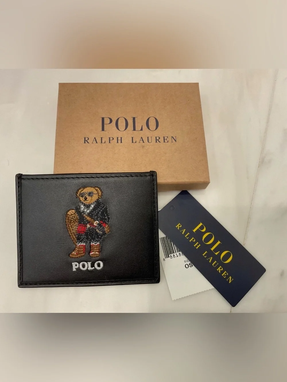NEW Polo Ralph Lauren HOLIDAY SNOWSHOE BEAR Leather Slim Card Case Wallet BLACK